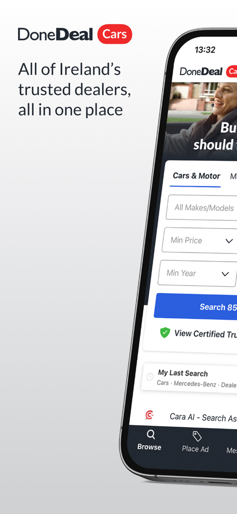 Interface de l'application mobile DoneDeal pour la recherche de voitures à vendre en Irlande