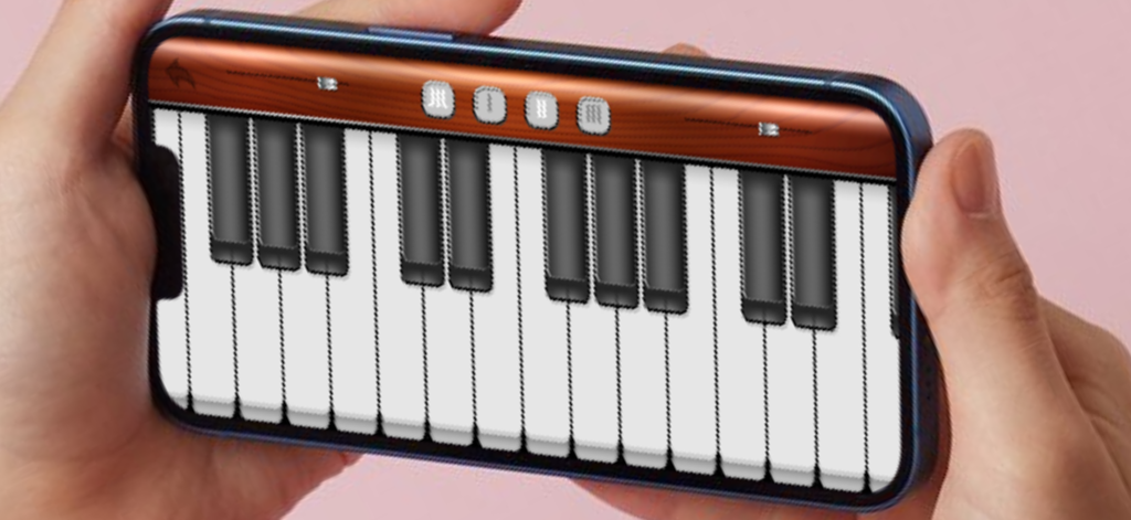 A person holding a smartphone displaying the Real Piano app keyboard and synthesizer controls