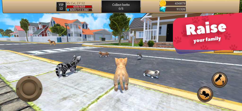 Cat Simulator 3D - Animal Life - A group of kittens exploring a suburban neighborhood in the Cat Simulator 3D Animal Life mobile game.