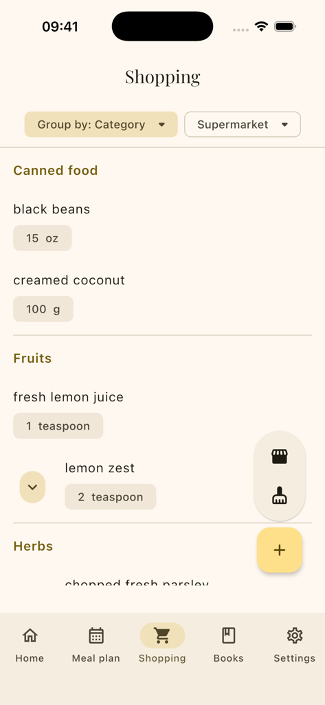 kitshn (for Tandoor) - Mobile app screen showing a grocery shopping list with items grouped by categories like canned food and fruits