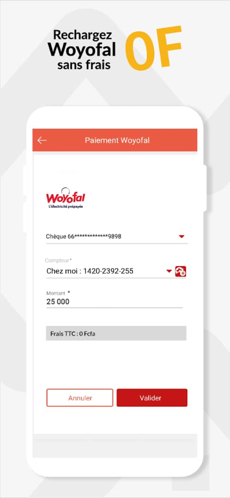 Interface móvel para a aplicação CBAO que mostra um ecrã de pagamento sem taxas para contadores de eletricidade pré-pagos Woyofal no Senegal.
