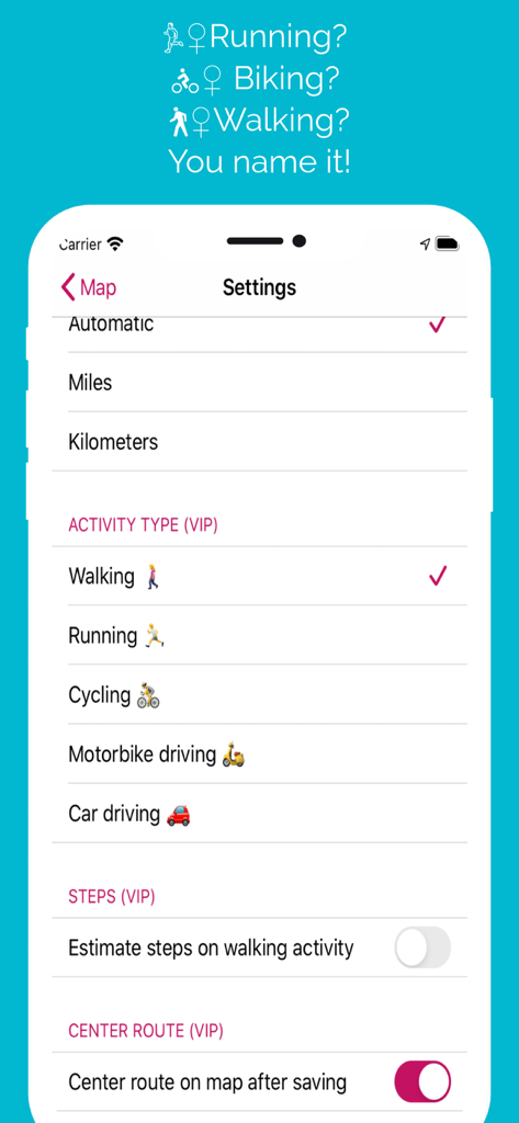 Just Draw It! Route planner - Settings screen of the Just Draw It route planner app showing activity types and unit options