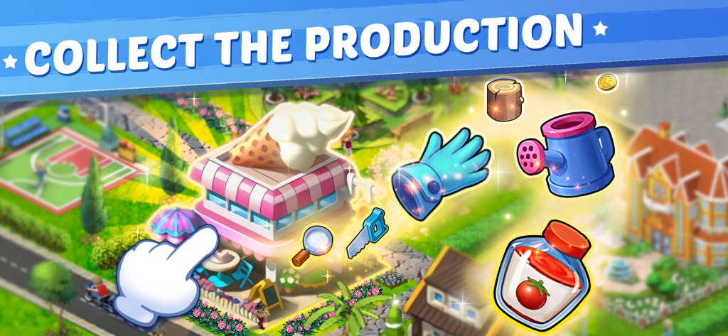 Lily City: Building metropolis - Gameplay screenshot showing icons of produced items like wood gloves and tomato sauce ready for collection from an ice cream shop
