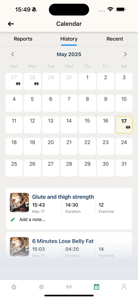 Home Workouts for Men at Home - Mobile app calendar view tracking completed home workout sessions and exercise duration