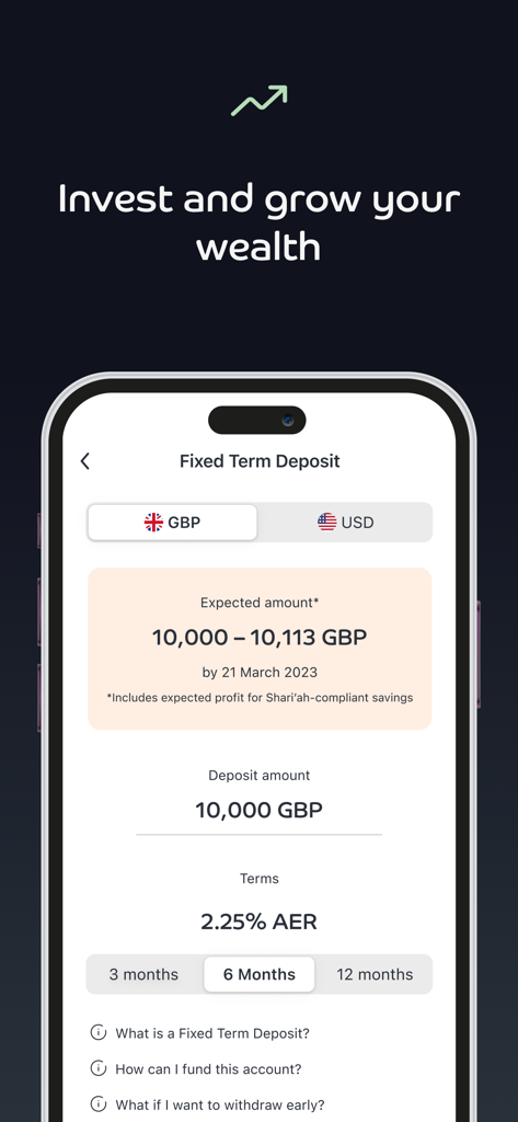 Nomo - Digital Sharia Banking - Mobile app interface of Nomo showing Sharia-compliant fixed term deposit options in GBP and USD currencies.