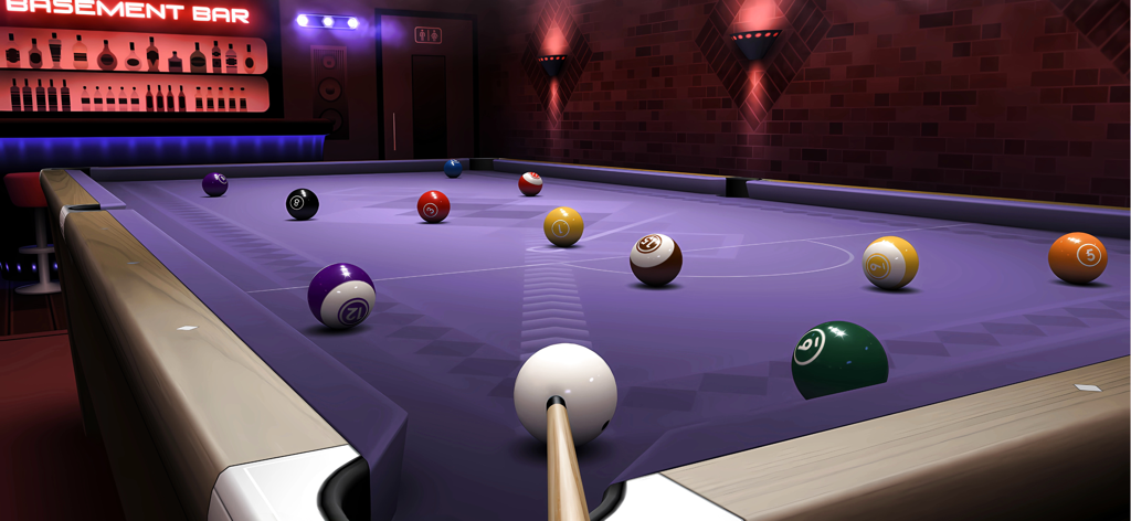 3D billiards game on a purple pool table in a basement bar setting