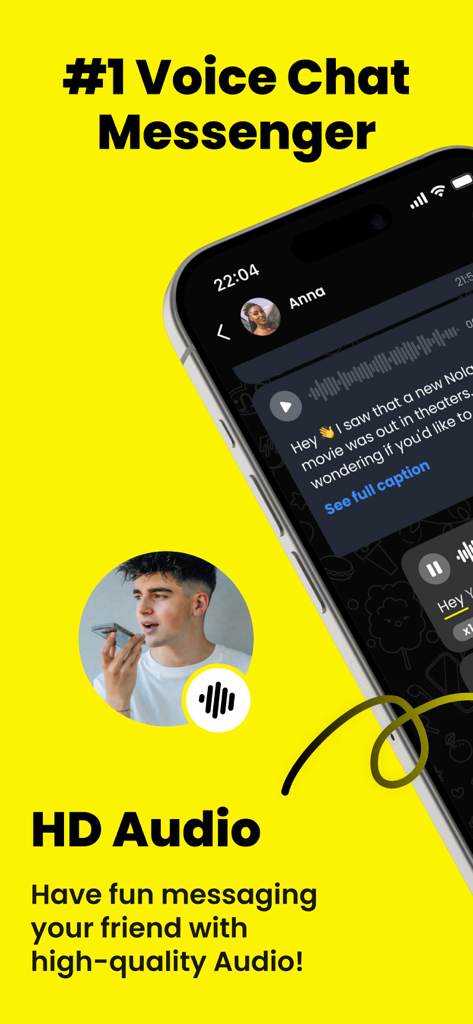 Vocalz app interface showing high quality voice messaging and transcription on a yellow background