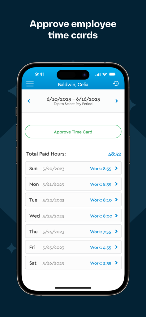 Interface of Fingercheck Mobile app showing an administrator view to approve employee time cards with a summary of weekly paid hours