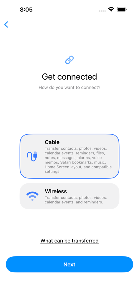 Samsung Smart Switch app screen displaying options to transfer data via Cable or Wireless.