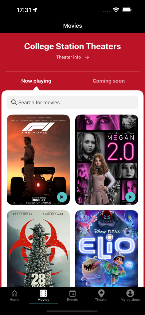 Now playing movies screen in the College Station Theaters app displaying movie posters like F1 and Megan 2.0