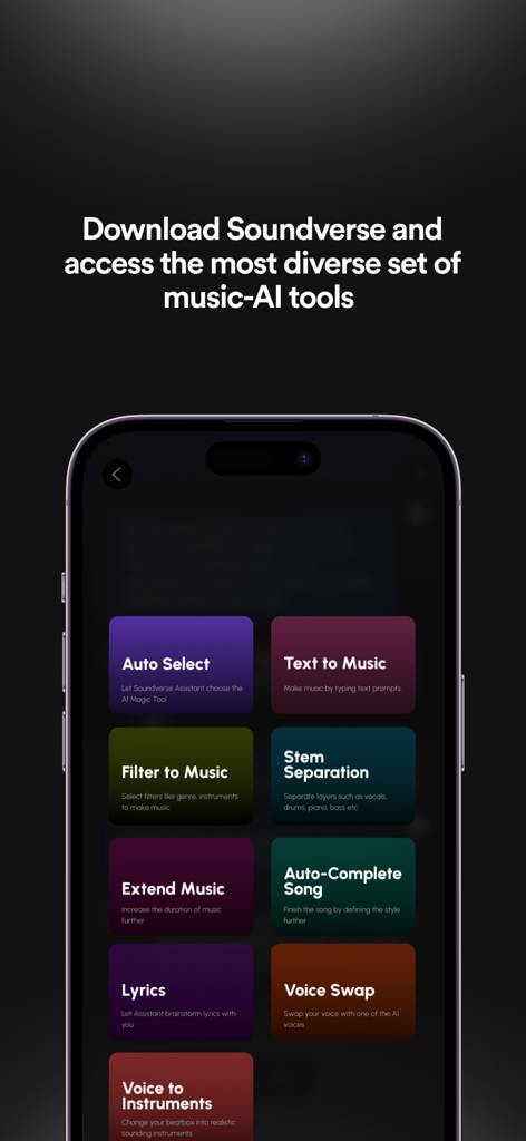 Soundverse - AI Song Generator - Smartphone screen displaying a variety of AI music tools like Text to Music and Stem Separation in the Soundverse app