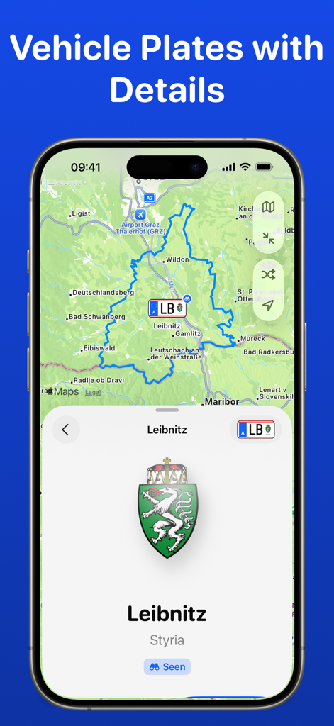 License Plate Wiki & Collect - Application Wiki de Plaques d'Immatriculation montrant une carte interactive de Leibnitz en Autriche avec ses armoiries régionales