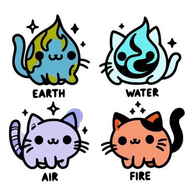 4 cats that represent the different elements, earth, water, air, and fire