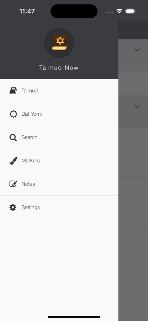 Talmud Now - Seitennavigationsmenü der Talmud Now-App mit Optionen für Talmud, Daf Yomi, Suche, Lesezeichen, Notizen und Einstellungen.