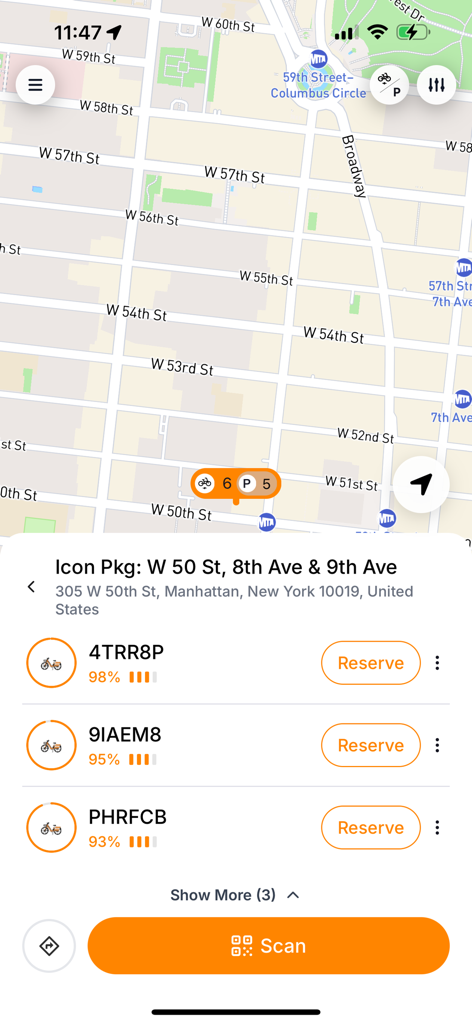 JOCO app map interface displaying available delivery e-bikes and battery levels in Manhattan