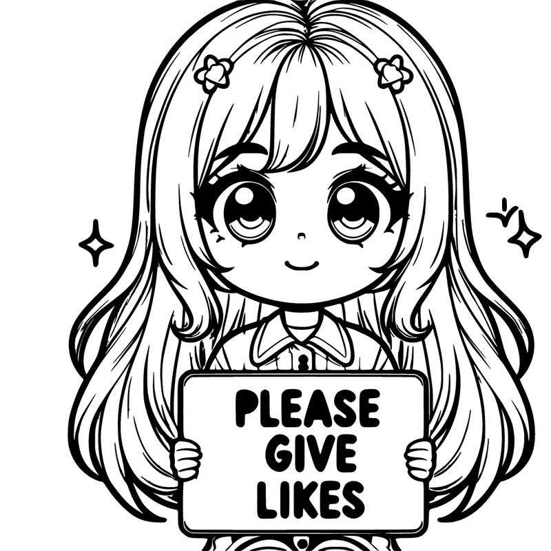 realistic cute girl holding a sign that says “please give likes”