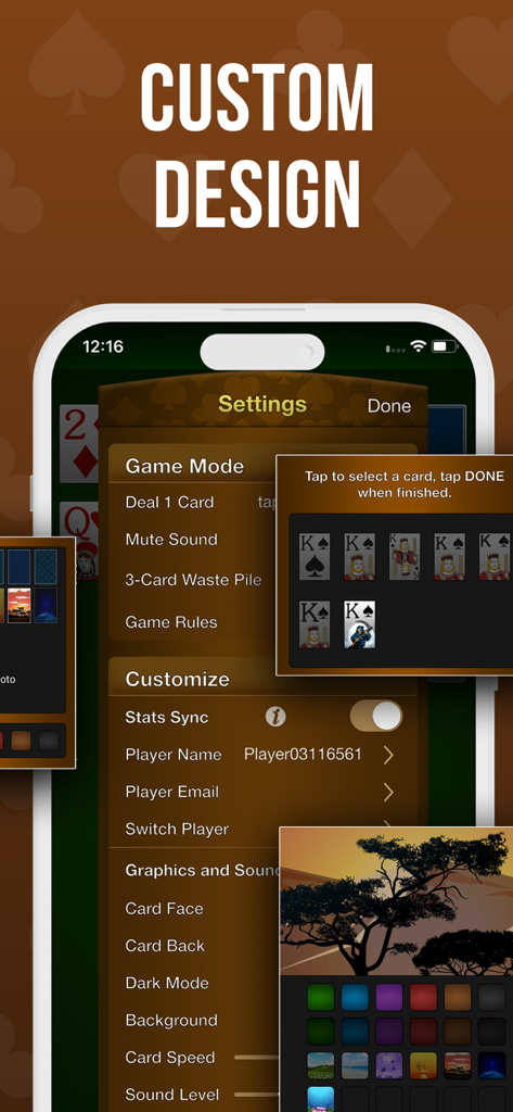 Solitaire for Seniors - Customization settings screen in Solitaire for Seniors app for selecting card faces and backgrounds