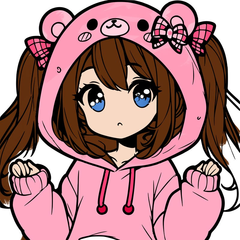 cute anime girl with ponytails and a cute bear hoodie