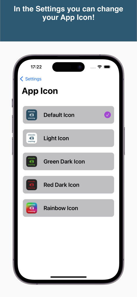 SimpleMoney - Pantalla de configuración en la aplicación SimpleMoney que muestra varias opciones de iconos de aplicaciones personalizadas.