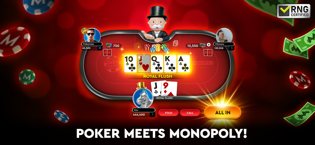 MONOPOLY Poker - Texas Holdem - In-game view of Monopoly Poker featuring a Royal Flush hand on a red table with Mr. Monopoly dealer