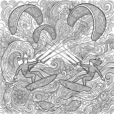 Experience the thrill of kitesurfing blended with mesmerizing psychedelic art in this unique coloring page. Explore a world of swirling patterns and dynamic motion, ready for your creative touch.