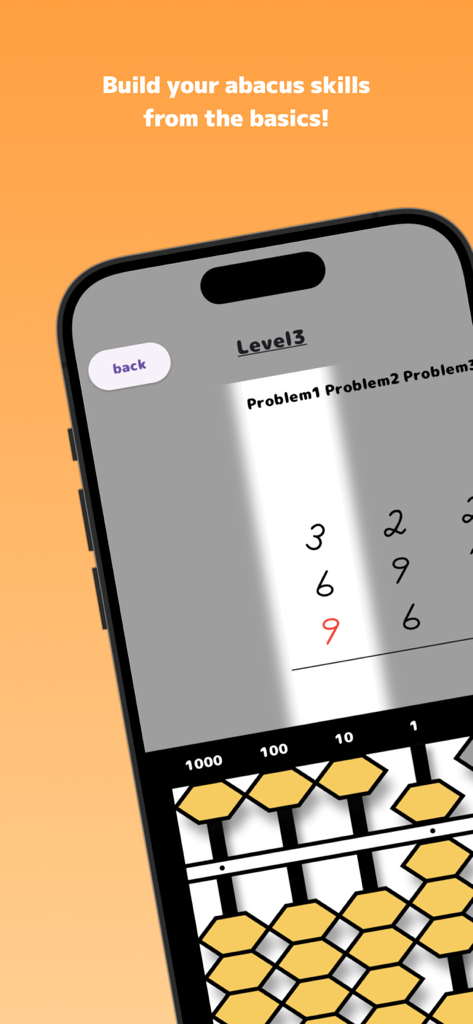 Écran de smartphone montrant un problème de mathématiques de niveau 3 et un boulier virtuel avec des perles jaunes pour l'apprentissage du calcul mental.