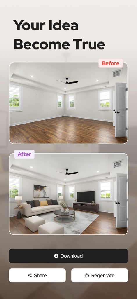 AI Interior Design-Home Decor - Before and after comparison of an empty room transformed into a modern living room using AI interior design