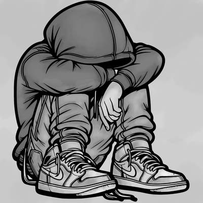 depressed man wearing hoodie and jordan shoes and baggy jeans