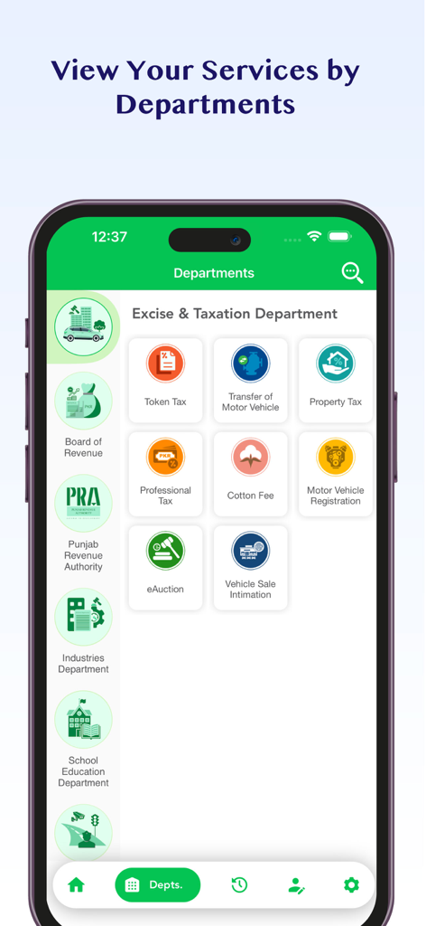 Interface de l'application ePay Punjab affichant divers services de paiement de taxes et de frais gouvernementaux classés par département.