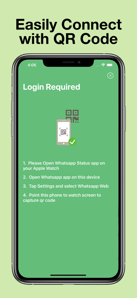 Screen showing instructions to connect the Status Saver app using a QR code