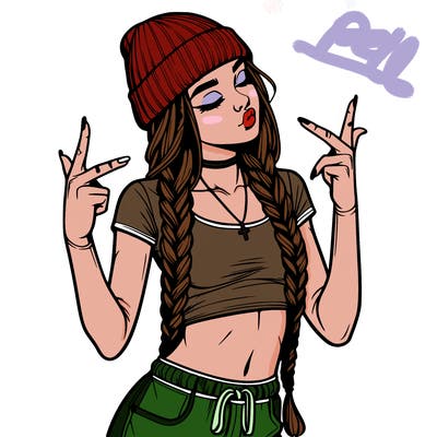 realistic teenage girl with braids and a beanie and crop top doing 🫶🏼