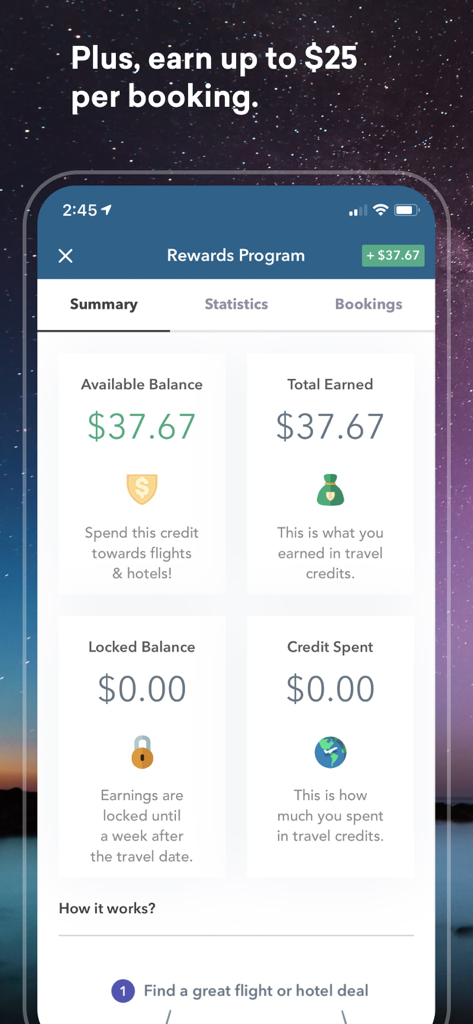 Skiplagged - Travel Hacks - 스키플래그드 보상 프로그램 인터페이스가 사용 가능한 잔액과 적립된 여행 크레딧을 보여줍니다.
