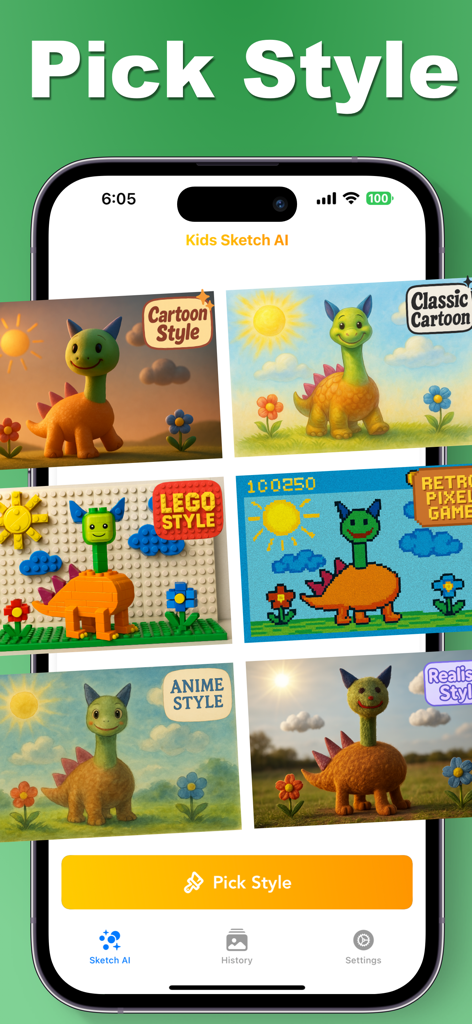 Kids Sketch AI: Drawing to Art - Una captura de pantalla de la aplicación Kids Sketch AI que muestra diferentes estilos creativos como Lego y Anime para el dibujo de un niño