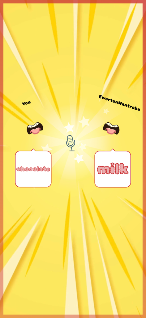 Tela de jogabilidade de Say the Same mostrando dois jogadores com as palavras chocolate e leite
