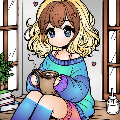 cute anime girl reading book and drinking hot chocolate from mug with loose wavy hair wearing a baggy sweatshirt and shorts sitting by windowsill looking out
