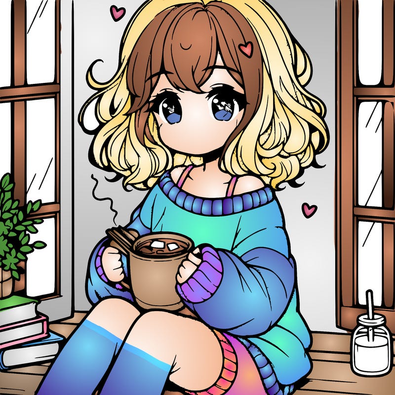 cute anime girl reading book and drinking hot chocolate from mug with loose wavy hair wearing a baggy sweatshirt and shorts sitting by windowsill looking out