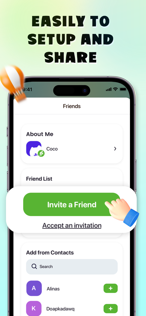 WidgyPal - Live Notes Widgets - Interface of WidgyPal showing the invite a friend button and contact synchronization