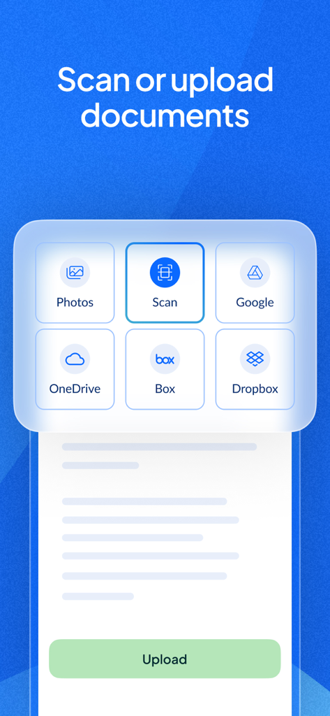 Sign.Plusアプリのインターフェース。クラウドストレージやモバイルスキャンからの文書アップロードオプションを表示
