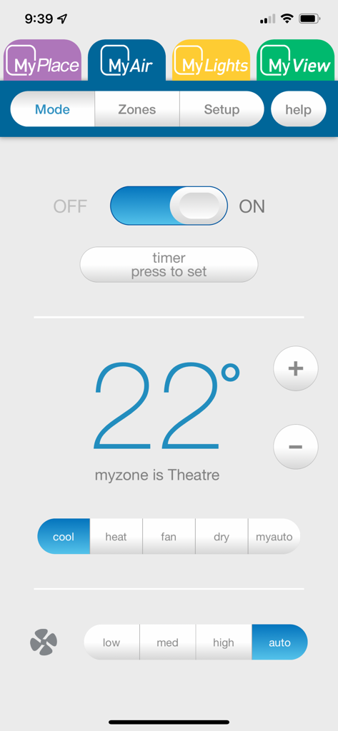 MyPlace app screenshot showing the MyAir temperature control interface set to 22 degrees on an iPhone