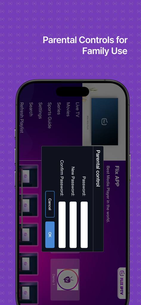 Flix IPTV App Benutzeroberfläche zeigt die Konfiguration des Passworts für die Kindersicherung auf einem mobilen Gerät