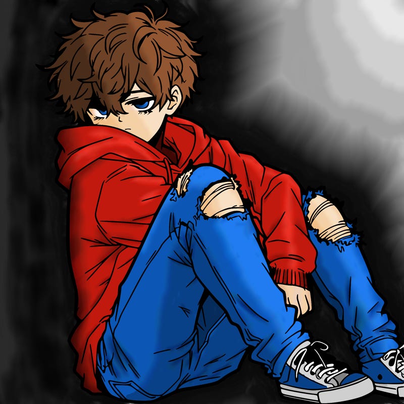 a male hoddie ripped jeans messy hair anime