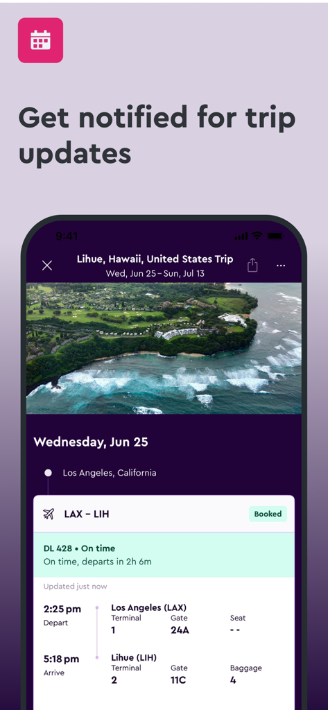 momondo App-Bildschirm, der Flug-Updates und die Reiseroute für eine Reise nach Hawaii zeigt