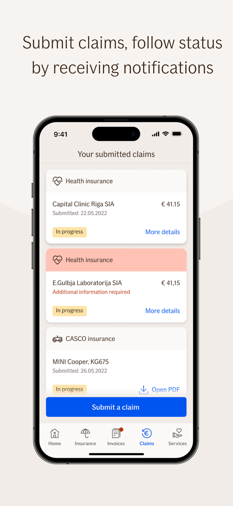 Interfaccia dell'app If Mobile Baltics che mostra un elenco di sinistri assicurativi sanitari e automobilistici presentati con aggiornamenti sullo stato.