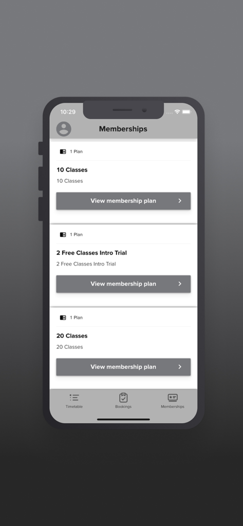FS8 Studio app interface displaying various membership plans and class options