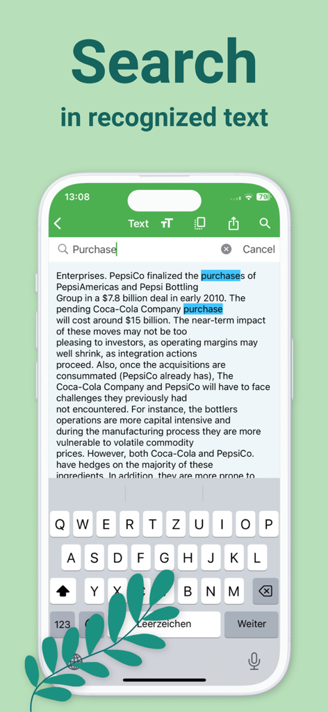 Docutain app demonstrating full text search functionality within a scanned document using OCR technology.
