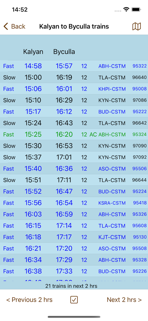 Mumbai Local Train Timetable - Train schedule list showing fast and slow trains from Kalyan to Byculla with arrival and departure times