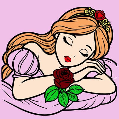a fairytale princess sleeping with her hands crossed on her chest and a rose on her chest realistic