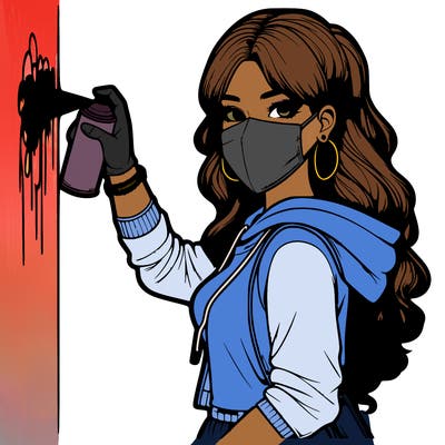 realistic girl with mask spray painting a wall