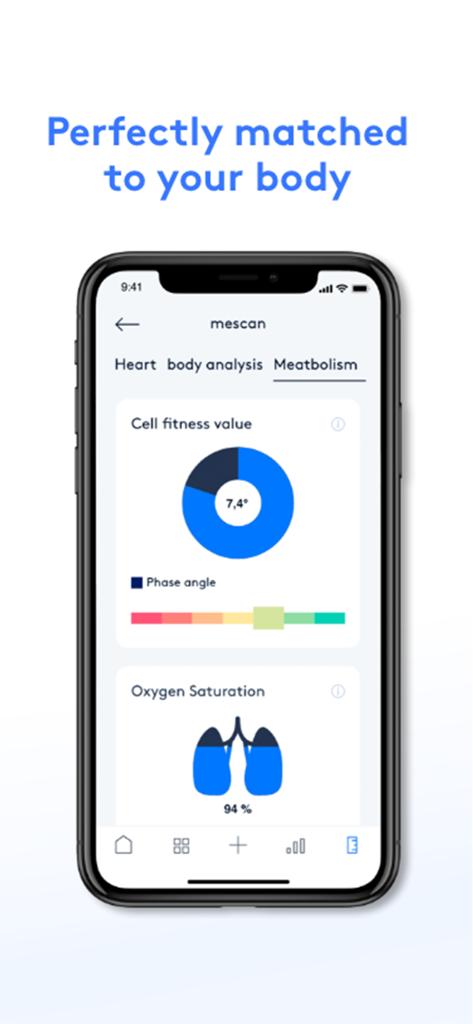 Die vicoach-App-Oberfläche mit Stoffwechseldaten, einschließlich Zellfitnesswert und Sauerstoffsättigungswerten.