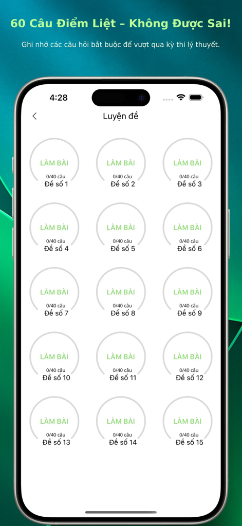 A screen showing multiple practice exam sets for the Vietnamese driving theory test.